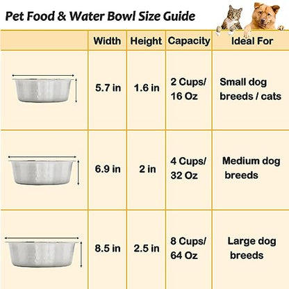 Fhiny 3 Pack Hammered Stainless Steel Cat Bowls, 2 Cups/16 Oz Premium Metal Puppy Feeder Bowl Set for Raised Feeding Station Basic Kitten Food & Water Dishes for Small & Medium Pets Dishwasher Safe - size: 2 Cups/16 Oz