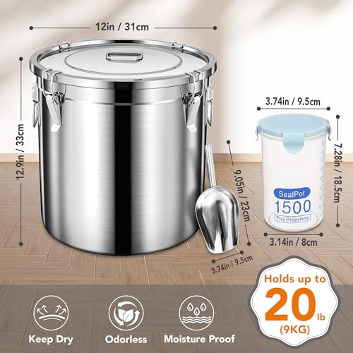 Newget Dog Food Storage Containers, Large Stainless Steel Pet Food Storage Containers 20 lb / 9 kg to Keep Fresh, Metal Airtight Cat Food Containers With Scoop and 2 Small Containers - size: 20 lb