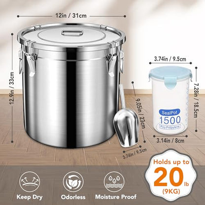 Newget Dog Food Storage Containers, Large Stainless Steel Pet Food Storage Containers 20 lb / 9 kg to Keep Fresh, Metal Airtight Cat Food Containers With Scoop and 2 Small Containers - size: 20 lb