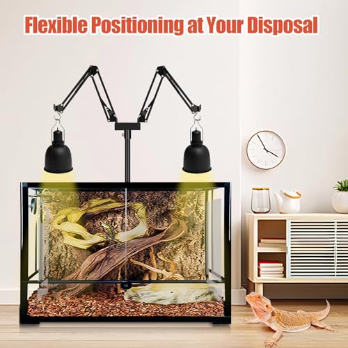 Dual Arm Reptile Lamp Stand, Adjustable Height 15.7-74.3 in, Holds 2 Dome Lampshades or Heat Fixtures, for Bearded Dragon, Turtle, Snake, Lizard,Chicken Tank Glass Terrarium