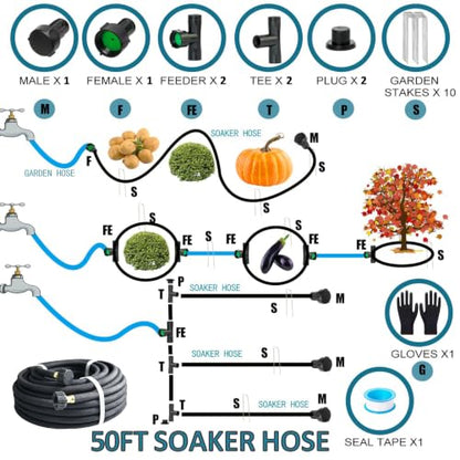 AMRITA Soaker Hose KIT,3/8inch 50ft Rubber Garden Hose 70% Water Saving,Black Heavy Duty Soaker Hose For Garden Lawn,Garden Raised Beds.(3/8-50FT) - color: 3/8"×(50FT)