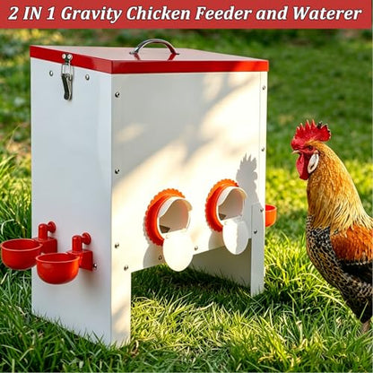 2 in 1 Metal Large Chicken Feeder and Waterer Set 35 LB No-Waste Design Automatic Chicken Feeder and Waterer for Outdoor Coops with 4 Feeding Ports and 5 Water Cups
