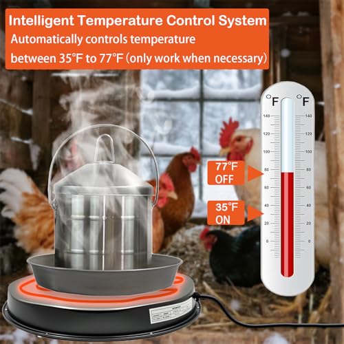Poultry Chicken Water Heater, 15" Chicken Water Heater Base for 3-5 Gallons Poultry Founts Waterer, 77℉ Automatic Shut-Off, 125W Energy-saving Poultry Water Heater for Outdoor Coops & Winter