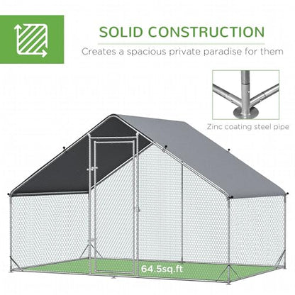 Walk-in 9.8Lx6.6Wx6.6Hft Galvanized Outdoor Chicken Pen with Reinforced FFor rame Lockable Mesh Door UV-Protective Cover Silver