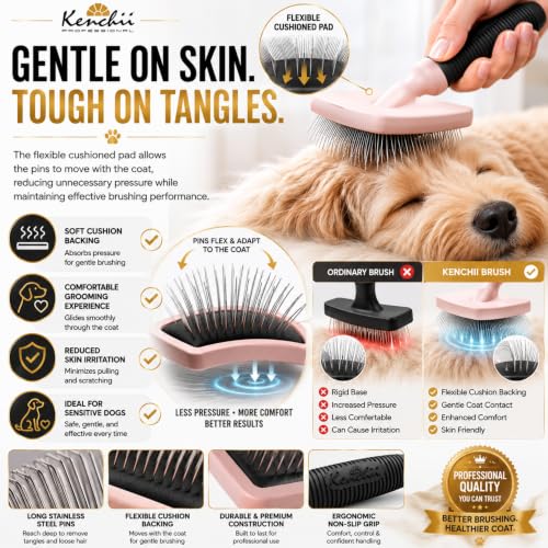 Kenchii Long Pin Slicker Brush for Dogs (Poodles, Doodles, Goldendoodles, Labradoodles), Professional Grooming Brush for Detangling, Fluffing & Dematting, Non-Slip Comfort Handle - color: Blush