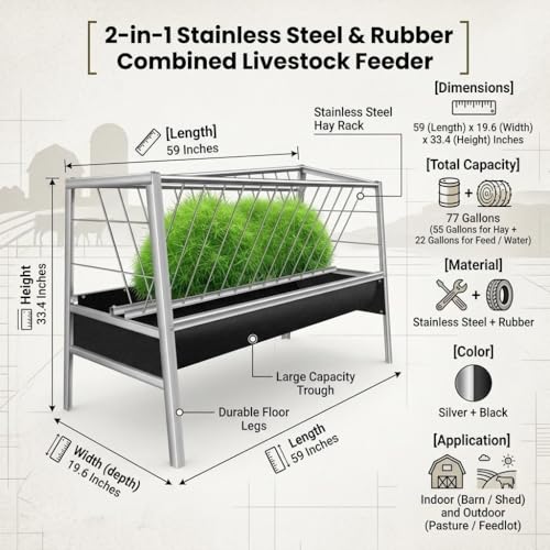 59 Inch Livestock Feeder 77 Gallon Capacity, Heavy Duty Stainless Steel Hay Feeder with Deep Rubber Grain Trough for Goats, Sheep and Horses, Barn or Pasture Use