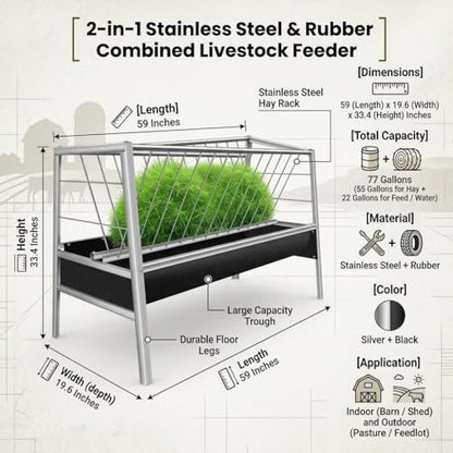 59 Inch Livestock Feeder 77 Gallon Capacity, Heavy Duty Stainless Steel Hay Feeder with Deep Rubber Grain Trough for Goats, Sheep and Horses, Barn or Pasture Use
