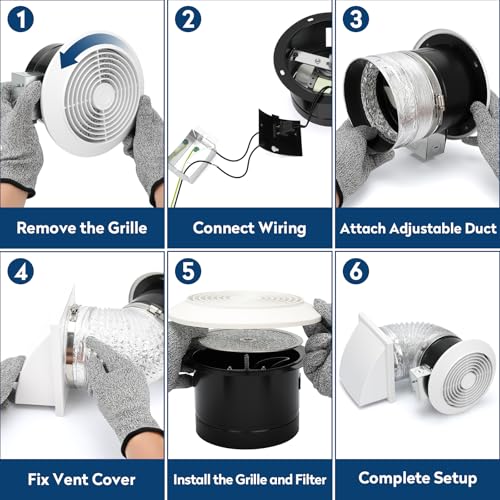 512M 6 Inch Through-the-Wall Exhaust Fan with White Grille, 80 CFM, 4.0 Sone, 16-Inch Retractable Duct, Household Ventilation Fan for Attic, Garage, Kitchen and Bathroom Exhaust Fan, Bathroom Vent Fan