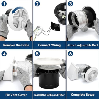 512M 6 Inch Through-the-Wall Exhaust Fan with White Grille, 80 CFM, 4.0 Sone, 16-Inch Retractable Duct, Household Ventilation Fan for Attic, Garage, Kitchen and Bathroom Exhaust Fan, Bathroom Vent Fan