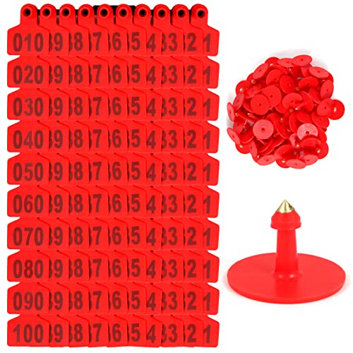 100PCS 001-100 Number Cattle Ear Tags Plastic Livestock Farm Animal Tags ID Tags Yellow Green Blue Orange Ear Tagger for Cow Cattle Sheep Goats Pigs Hogs Mark Label (Red) - color: Red