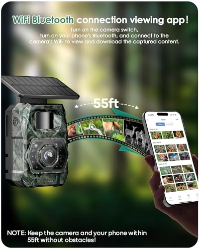 MAXDONE Solar Trail Camera WiFi Bluetooth - 4K 64MP Game Cameras with Night Vision Motion Activated IP66 Waterproof, with 5200mAh Battery and 32GB Memory Card Cameras for Outdoor and Backyard ﻿
