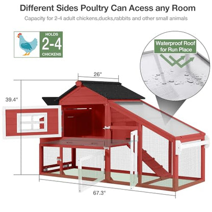 Chicken Coop with Wheels, Outdoor Chicken Tractor with Leak-Proof Tray, UV-Resistant Roof & Nesting Box for Chickens, Ducks, Rabbits - color: Red