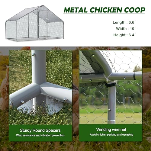 Large Metal Chicken Coop Round Top Upgrade Tri-Supporting Wire Mesh Chicken Run,Chicken Pen with Water-Resident and Anti-UV Cover,Duck Rabbit House Outdoor (Spire Roof 10’ W x 6.6’ L x 6.5’ H) - size: 120.0"L x 79.2"W x 76.8"H