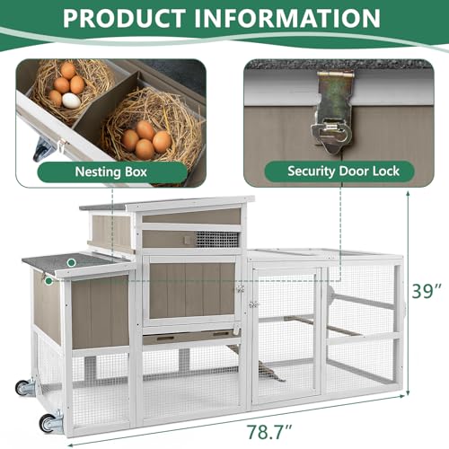 79"L Large Chicken Coop with Run, Mobile Hen Chicken House with Wheels, Nesting Boxes, UV-Resistant Roof, Indoor Outdoor Rabbit Hutch Poultry Cage for Chickens Duck Bunny with Removable Tray and Ramp - color: 79"L Grey