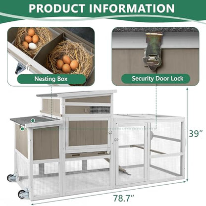 79"L Large Chicken Coop with Run, Mobile Hen Chicken House with Wheels, Nesting Boxes, UV-Resistant Roof, Indoor Outdoor Rabbit Hutch Poultry Cage for Chickens Duck Bunny with Removable Tray and Ramp - color: 79"L Grey