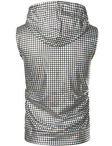ZEROYAA Mens Shiny Metallic Zip Up Sleeveless Hooded Vest T Shirt with Kangaroo Pocket - color: Silver Sequin, size: XX-Large