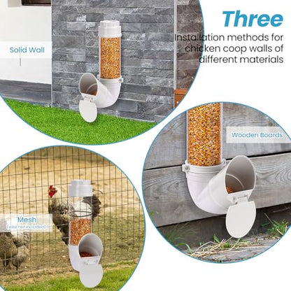 Automatic Chicken Feeder No Waste 6 Pounds Duty PVC Gravity Poultry Chicken Coop Feeder, Wall Mounted Visible Gravity Fed Poultry Feeder Tube with Rain Cover for Ducks Turkeys Geese Quails