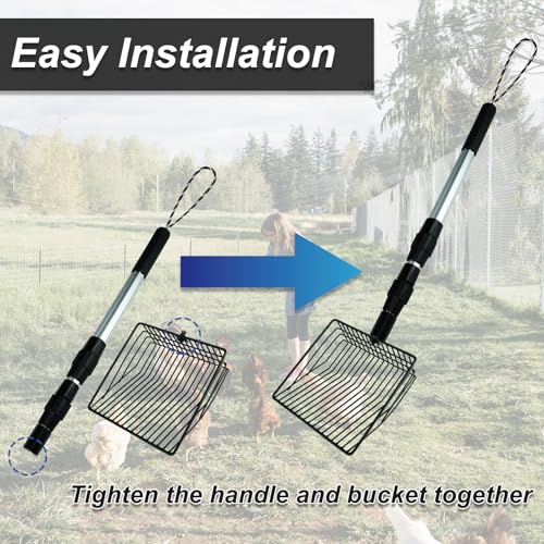Chicken Poop Scooper 3 in 1 Adjustable Long Handle Litter Metal Scoop Heavy Duty Metal Chicken Poop Scooper Litter Sieving Shovel, Chicken Coop Accessories (22-41.7")