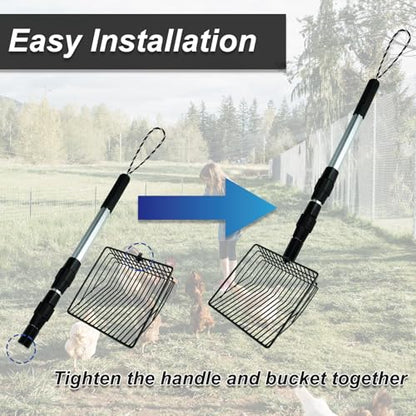 Chicken Poop Scooper 3 in 1 Adjustable Long Handle Litter Metal Scoop Heavy Duty Metal Chicken Poop Scooper Litter Sieving Shovel, Chicken Coop Accessories (22-41.7")