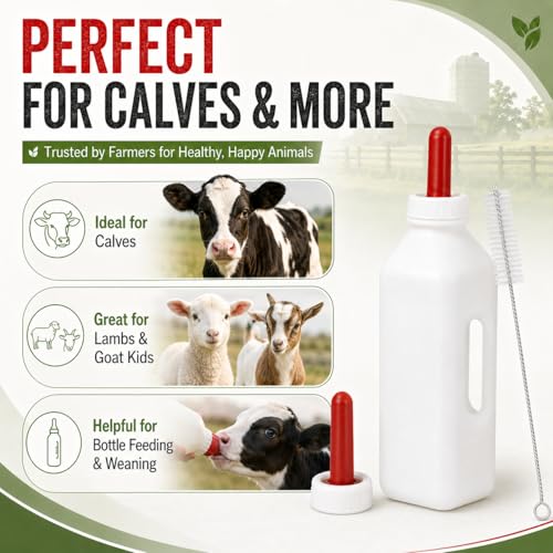 Calf Feeding Bottle 2 Quart with Screw Nipple, Livestock Nursing Bottle Kit with 4 Extra Rubber Nipples & Long Cleaning Brush, Easy-Grip Milk Bottle for Calves, Lambs, Goat Kids, Farm Feeding Supplies