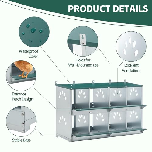8 Compartment Metal Chicken Nesting Box with Roll Away Egg Collection 42×16×25in,Wall Mountable Large Hen Laying Box with Vented Holes,8 Houses Coop Roosting Boxes Fit for Different Poultry Breeds - size: 42×16×25in