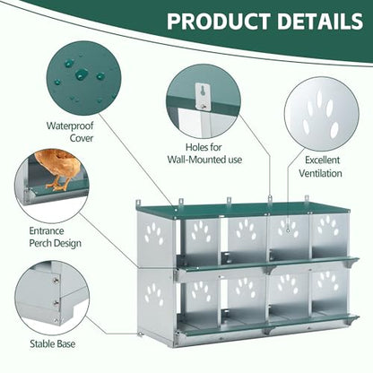 8 Compartment Metal Chicken Nesting Box with Roll Away Egg Collection 42×16×25in,Wall Mountable Large Hen Laying Box with Vented Holes,8 Houses Coop Roosting Boxes Fit for Different Poultry Breeds - size: 42×16×25in