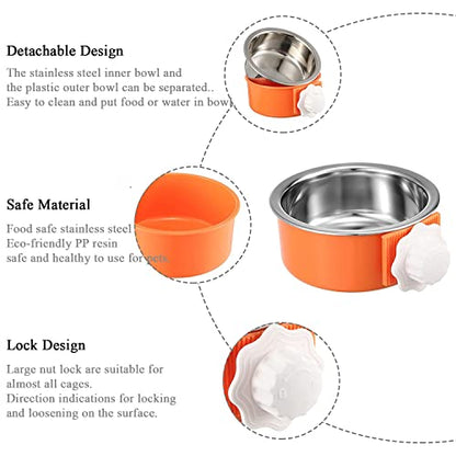 Dog Crate Bowl, Hanging Stainless Steel Removable Pet Crate Water & Food Bowls, Pet Cage Feeder Container Coop Cup for Cat Puppy Birds Rats Guinea Pigs Rabbit Hamster (2PCS) - color: (Round) Dark Blue/Orange
