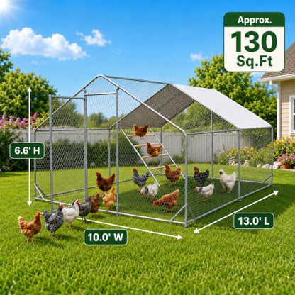 13' x 10' Walk-in Metal Chicken Coop for 20-25 Chickens, Heavy Duty Poultry Cage with Elevated Roosting Perch & Waterproof Cover, Thickened Steel Frame Outdoor Backyard Run Pen (130 Sq.Ft) - size: 158.0"L x 117.6"W x 80.6"H