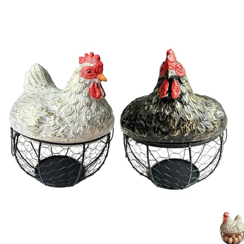 Chicken Egg Basket, Egg Collection Basket with Chicken Lid, Rustic Wire EggBasket with Handle, Iron Resin, Vintage Farmhouse Decor, Chickens Eggs Holder Countertop for Gathering Eggs (White+Black) - color: White+Black