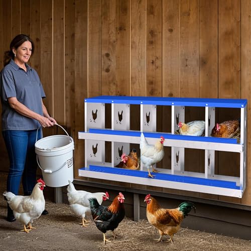 Chicken Nesting Boxes with 10 Compartments, Metal Roll Away Laying Box with Lid Cover, Easy Egg Collection for Hen Roosting and Coop Use (Blue) - color: Blue, size: 10 compartments, without bracket