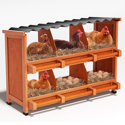 6-Compartment Chicken Nesting Boxes, Spacious for Large Breeds, Premium Pine Wood & Weather-Resistant PVC Sloped Roof, Safe No Sharp Edges for Laying Hens - size: 40.4"L x 12.2"W x 29.8"H
