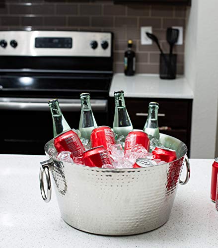 BIRDROCK HOME Hammered Stainless Steel Round Beverage Tub with Handles - Double Wall Insulated 3 Gallons - Metal Drink Cooler & Ice Bucket for Parties - Outdoor Aluminum Holder for Bottles & Soda - color: Silver