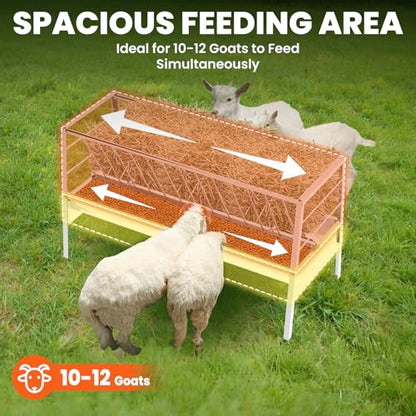 88 Gallon Goat Hay Feeder, Heavy-Duty Upgrade Stainless Steel Hay Feeder for Goats, 2-in-1 Design (60Gal Hay + 28Gal Feed/Water Tray), Livestock Feeder for Ranch, Barn and Goat Pens