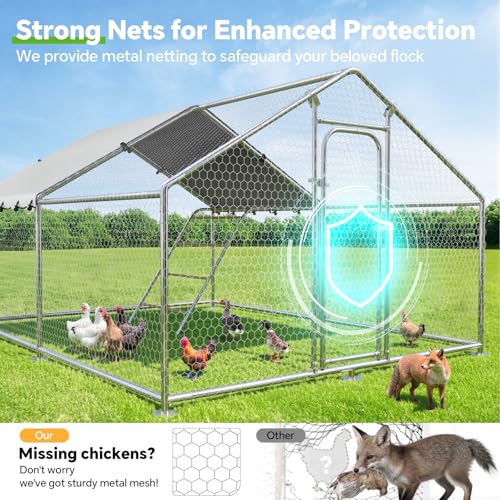Large Metal Chicken Coop Run with Roosting Perch, 13.2x10x6.4 Outdoor Poultry Cage Pen with Waterproof and UV-Resistant Cover for Chickens Use, Spire Roof - size: 157.4"L x 118.0"W x 78.1"H