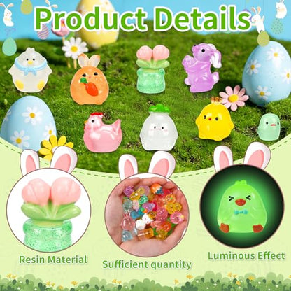 56 Pcs Easter Luminous Mini Resin Figurines 56 Style Glow in The Dark Little Small Resin Miniatures to Hide Bulk Bunny Chick Figures for Easter Party Favors Egg Fillers Micro Garden Landscape Decor - style: 56Pcs-Luminous Easter