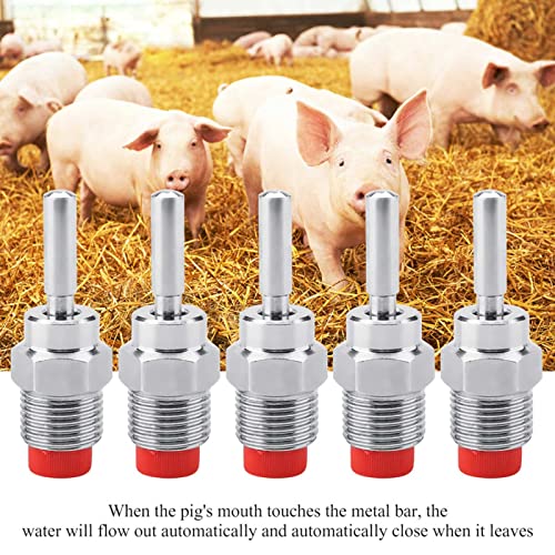 Stainless Steel Automatic Pig Nipple Drinker Waterer with Long Rod, Red Copper Cap, 5pcs for Sow Piglets, Sheep, Horse, Cattle, and Poultry - Farm Animal Waterer, Livestock Waterer