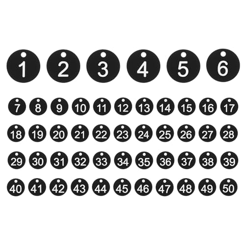 PATIKIL 50PCS Number Tags 1-50, Number Key Tags Plastic Numbered Keychain for Organizer Field Sales Hangers Clothes Labels ID, Black White - color: Black White