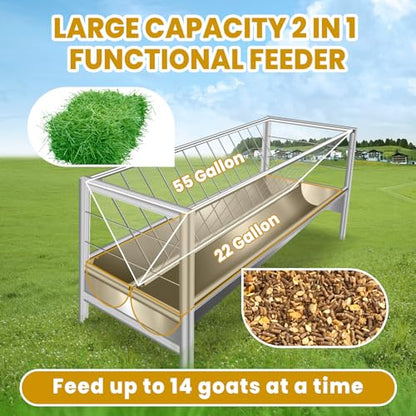 77 Gallon Capacity Livestock Feeder, 2-in-1 Large Capacity Feed & Water Trough, Goat Hay Feeder, Freestanding Outdoor Farm Livestock Feeder, Smooth Edges Design for Goats, Horses, Ranch & Barn Use