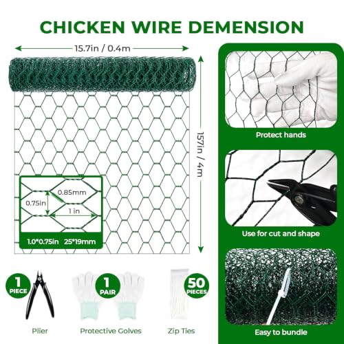 Floral Chicken Wire for Arrangements, Green Mesh Garden Netting | 15.7 x 157 in, PVC Coated, Crafts, Poultry, Garden, Rustproof, Chicken Coop, Rabbit Enclosure, Wire, Zip Ties, Pliers, Gloves - size: 15.7 x 157 inch