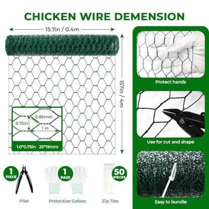 Floral Chicken Wire for Arrangements, Green Mesh Garden Netting | 15.7 x 157 in, PVC Coated, Crafts, Poultry, Garden, Rustproof, Chicken Coop, Rabbit Enclosure, Wire, Zip Ties, Pliers, Gloves - size: 15.7 x 157 inch