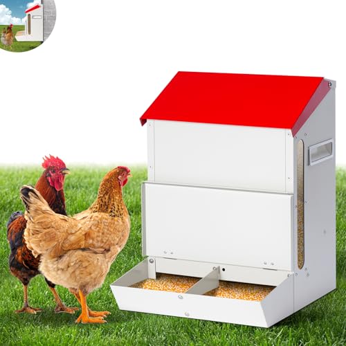 Automatic Chicken Feeder No Waste, Wall Mount| Weatherproof| Mess Free | Galvanized Hanging Poultry Feeder with Lid| Metal Chicken Feeder Trough Food Dispenser for Duck Geese|Hens| Turkeys Coop