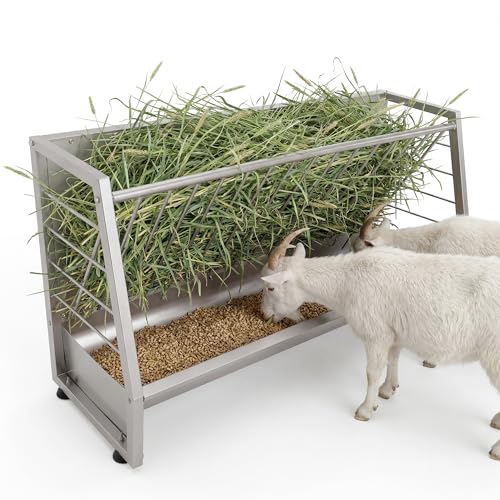 Garvee 5 ft Pasture Hay Feeder, Heavy Duty Galvanized Steel 2-in-1 Hay & Grain Feeder, 60 Gallon Large Capacity, Outdoor Livestock Feeder for Goats, Sheep, Pony & Miniature Horses