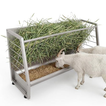 Garvee 5 ft Pasture Hay Feeder, Heavy Duty Galvanized Steel 2-in-1 Hay & Grain Feeder, 60 Gallon Large Capacity, Outdoor Livestock Feeder for Goats, Sheep, Pony & Miniature Horses