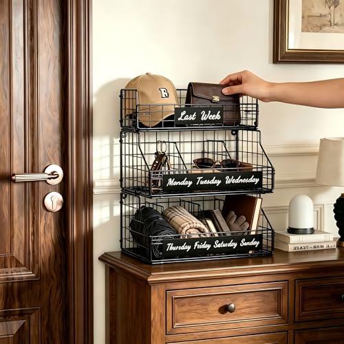 Egg Holder Countertop, Stackable Chicken Egg Basket with Adjustable 5 Dividers & Week Labels, 3 Tier Wall Mounted Egg Storage Organizer for Kitchen, Carbon Steel Black - color: S-Black(13.4W x 17.3H)