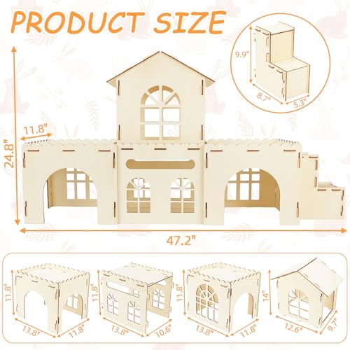 BWOGUE Extra Large Wooden Rabbit Hideout Castle, Detachable Bunny Castle for Rabbits Chinchillas Guinea Pigs, Sturdy Bunny Play House Indoor with Stairs, Small Animal Play Hideaway Hutch - style: 4 House and 1 Ladder