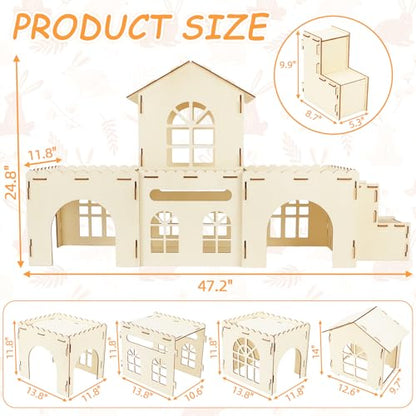 BWOGUE Extra Large Wooden Rabbit Hideout Castle, Detachable Bunny Castle for Rabbits Chinchillas Guinea Pigs, Sturdy Bunny Play House Indoor with Stairs, Small Animal Play Hideaway Hutch - style: 4 House and 1 Ladder