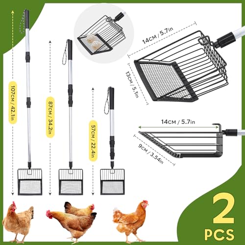 2 Pack Chicken Poop Scooper 3 in 1 Chicken Coop Scoop Detachable Chicken Scooper for Poop Sifting Shovel with Long Handle for Chicken Coop, Goat Stall, Stable