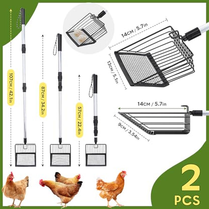 2 Pack Chicken Poop Scooper 3 in 1 Chicken Coop Scoop Detachable Chicken Scooper for Poop Sifting Shovel with Long Handle for Chicken Coop, Goat Stall, Stable