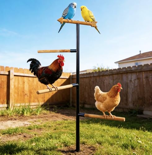 Tnstbiee Large Chicken Roosting Bars, Wooden 4-Branch Perch & Outdoor Bird Playground Toy,Chicken Perch for Coop & Backyard,50" H x 16.5" R, 4-Prong Metal Ground Plug,for Small Poultry, Bird & Parrots