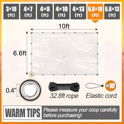 6.6x10ft Chicken Coop Covers Accessories for Winter - Easy to Install Waterproof Chicken Run Tarp with Elastic Cords & Rope
